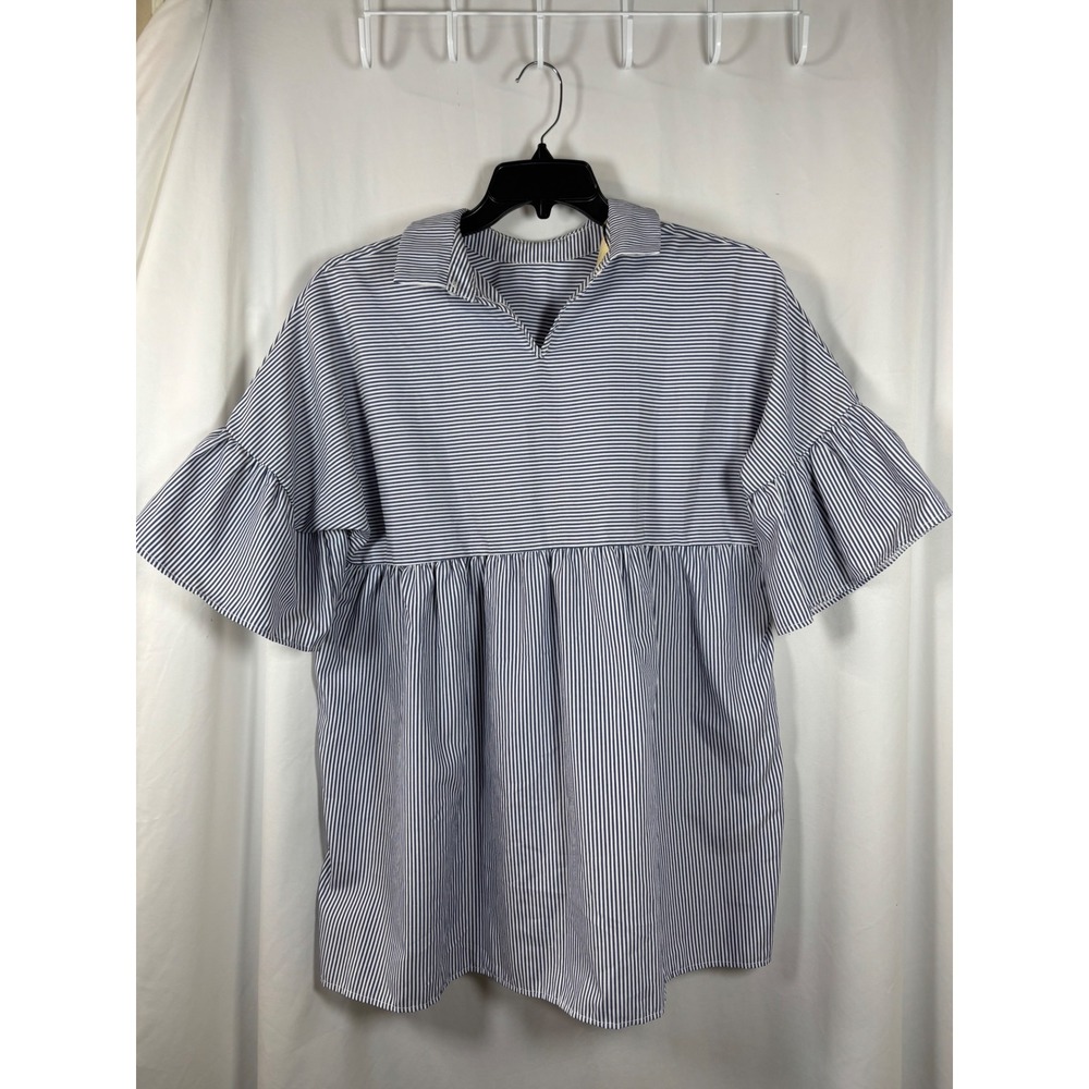 Grace Karin Womens XXL Striped Babydoll Top Ruffle Bell Sleeve Navy White Blouse